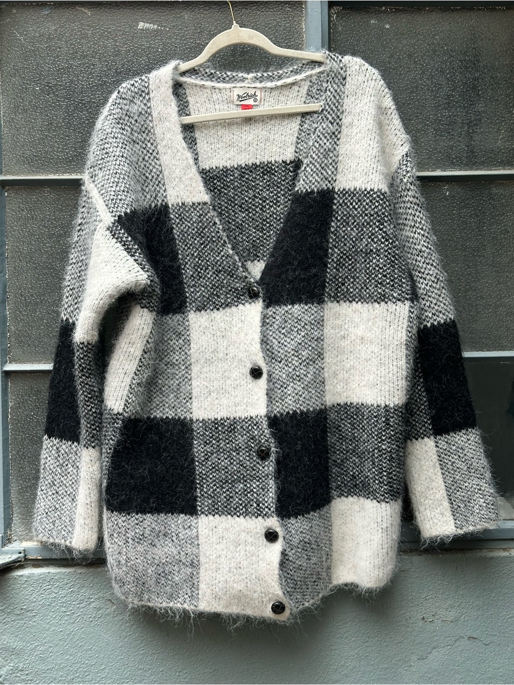 Woolrich Women Buffalo Check Relaxed Cardigan Style Sweater Black White Size XXL